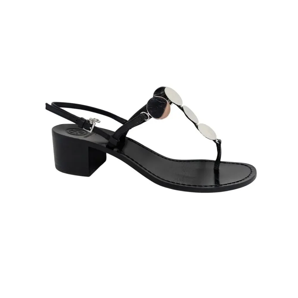 Tory Burch Black Leather Summer Sandals Silver Disc Heels Size 9